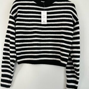 Pink Rose Black & White Striped Crewneck Sweater